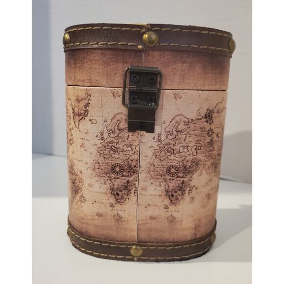 Leather Map Designed Storage Container 6 Inches Tall - Picture 3 of 8